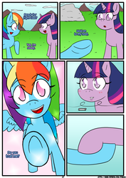 Size: 1233x1746 | Tagged: safe, artist:otakon, rainbow dash, twilight sparkle, pony, comic:love in the clouds, g4, comic, female, holding hooves, implied lesbian, implied shipping, implied twidash