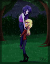 Size: 800x1018 | Tagged: safe, artist:fj-c, applejack, rarity, equestria girls, g4, carrying, clothes, converse, female, forest, lesbian, looking at each other, rain, ship:rarijack, shipping, shoes, smiling, tree, wet hair