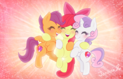 Size: 900x582 | Tagged: safe, artist:o0reika0o, apple bloom, scootaloo, sweetie belle, g4, abstract background, adorabloom, blushing, cute, cutealoo, cutie mark, cutie mark crusaders, diasweetes, eyes closed, grin, group hug, group shot, hug, signature, smiling, the cmc's cutie marks