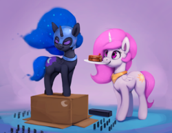 Size: 1200x925 | Tagged: safe, artist:rodrigues404, nightmare moon, princess celestia, alicorn, pony, g4, box, cake, cakelestia, cardboard box, cewestia, chibi, cute, domino, duo, eyes closed, female, filly, food, mare, mouth hold, nightmare woon, pink-mane celestia, plate, simple background, sisters, smiling, weapons-grade cute, younger