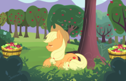 Size: 900x582 | Tagged: safe, artist:o0reika0o, applejack, earth pony, pony, g4, apple, apple tree, eyes closed, female, food, prone, signature, smiling, solo, sweet apple acres, tree