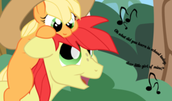 Size: 4448x2632 | Tagged: safe, artist:aaronmk, applejack, bright mac, g4, father and daughter, female, male, pete seeger, song reference, text, vector, what did you learn in school, younger