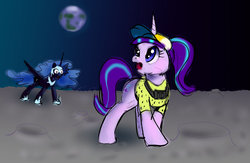 Size: 1000x650 | Tagged: safe, artist:xbi, nightmare moon, starlight glimmer, alicorn, pony, unicorn, g4, 30 minute art challenge, camera, earth, hat, moon, spread wings, tourist, wings