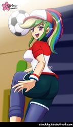 Size: 573x1000 | Tagged: safe, alternate version, artist:clouddg, rainbow dash, epic fails, equestria girls, g4, my little pony equestria girls: summertime shorts, ball, clothes, female, human coloration, looking at you, multiple variants, open mouth, rainbutt dash, rear view, shorts, signature, solo, tongue out, wristband