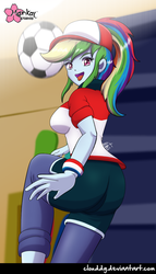 Size: 573x1000 | Tagged: safe, artist:clouddg, rainbow dash, epic fails, equestria girls, g4, my little pony equestria girls: summertime shorts, ball, clothes, female, multiple variants, open mouth, raised leg, rear view, shorts, signature, solo, tongue out, wristband
