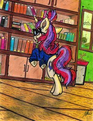 Size: 5100x6601 | Tagged: safe, artist:artponymdp, moondancer, pony, g4, absurd resolution, book, bookshelf, cook, female, rearing, scepter, shelf, solo, traditional art, twilight scepter, underhoof