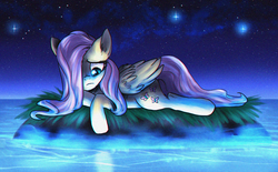 Size: 2491x1543 | Tagged: safe, artist:not-ordinary-pony, fluttershy, pegasus, pony, g4, female, folded wings, hair over one eye, lonely, looking down, mare, night, ocean, prone, sad, stars, water