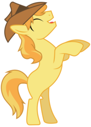 Size: 992x1388 | Tagged: safe, braeburn, earth pony, pony, g4, eyes closed, hat, male, missing accessory, missing cutie mark, rearing, simple background, solo, stallion, tail, white background