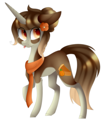 Size: 1024x1212 | Tagged: safe, artist:hyshyy, oc, oc only, oc:pumpkin spice, pony, unicorn, clothes, female, mare, scarf, simple background, solo, tongue out, transparent background