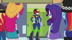 Size: 1000x558 | Tagged: safe, artist:pixelkitties, edit, edited screencap, screencap, pinkie pie, princess celestia, principal celestia, rainbow dash, rarity, sunset shimmer, phoenix, equestria girls, g4, my little pony equestria girls: friendship games, armor, badge, boots, canterlot high, clothes, costume, crossover, farmer pinkie, helmet, i am the law, judge dredd, judge dreddlestia, rozzer dash, shoes, sunset welder, symbol, we couldn't fit it all in, welcome princess celest