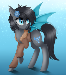 Size: 1024x1169 | Tagged: safe, artist:queenofsilvers, oc, oc only, oc:seachell, bat pony, pony, bat pony oc, clothes, female, flower, flower in hair, jacket, mare, raised hoof, solo, standing