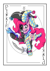 Size: 1447x2047 | Tagged: safe, artist:husdur, pinkie pie, eldar, g4, clothes, crossover, harlequin, joker, playing card, solo, stockings, thigh highs, warhammer (game), warhammer 40k, weapon