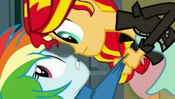 Size: 640x360 | Tagged: safe, edit, edited screencap, screencap, rainbow dash, sunset shimmer, equestria girls, g4, my little pony equestria girls, clothes, holding, jacket
