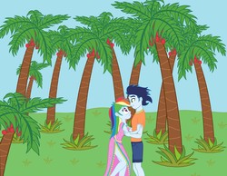 Size: 1600x1244 | Tagged: safe, rainbow dash, soarin', equestria girls, g4, blushing, female, grass, holding, male, palm tree, recolor, ship:soarindash, shipping, straight, tree