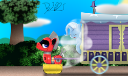 Size: 2500x1487 | Tagged: safe, artist:trackheadtherobopony, trixie, oc, oc:trackhead, pony, robot, robot pony, g4, coughing, duo, exhaust fumes, pulling, trixie's wagon