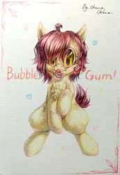 Size: 800x1164 | Tagged: safe, artist:obscurechime2017, oc, oc only, oc:bubble gum, earth pony, pony, bubblegum, chest fluff, food, gum, simple background, solo, traditional art