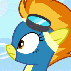 Size: 398x398 | Tagged: safe, screencap, spitfire, pony, g4, parental glideance, :s, animated, awkward, blinking, clothes, confused, cropped, cute, cutefire, female, floppy ears, gif, goggles, juxtaposition bait, reaction image, solo, uniform, wavy mouth, wonderbolts uniform