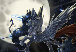 Size: 1024x705 | Tagged: safe, artist:obscurechime2017, princess luna, alicorn, pony, g4, bow (weapon), female, glowing horn, horn, jewelry, magic, mare, moon, regalia, solo, spread wings, telekinesis, unshorn fetlocks, watermark, weapon, wings