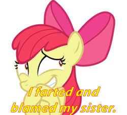 Size: 787x718 | Tagged: safe, artist:alphamonouryuuken, apple bloom, earth pony, pony, campfire tales, g4, caption, fart joke, female, image macro, implied farting, simple background, solo, text, transparent background, vector
