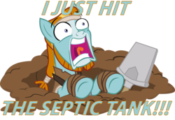 Size: 787x540 | Tagged: safe, artist:alphamonouryuuken, rockhoof, earth pony, pony, campfire tales, g4, beard, caption, facial hair, funny, funny as hell, image macro, male, panic, rockhoof's shovel, scared, screaming, septic tank, shovel, simple background, solo, text, this will not end well, transparent background, vector