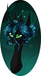 Size: 921x1700 | Tagged: safe, artist:australian-senior, queen chrysalis, changeling, changeling queen, g4, alternate hairstyle, bust, crown, female, hair bun, jewelry, regalia, simple background, solo, transparent background
