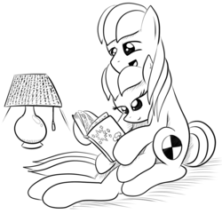 Size: 1000x1000 | Tagged: safe, artist:truffle shine, oc, oc only, oc:cordyceps sparkle, oc:truffle shine, earth pony, pony, book, cutie mark, duo, female, lampshade, lineart, male, mare, monochrome, on back, reading, rule 63, simple background, sitting, sketch, stallion, transparent background, truffle shine's sketch series