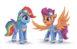 Size: 1500x947 | Tagged: safe, artist:egn, rainbow dash, scootaloo, pegasus, pony, g4, atg 2017, clothes, duo, equestria daily exclusive, goggles, newbie artist training grounds, scootaloo can fly, scootalove, simple background, spread wings, uniform, white background, wings, wonderbolt scootaloo, wonderbolts, wonderbolts uniform