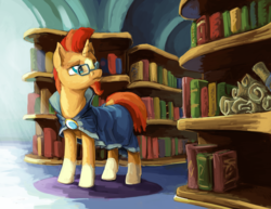 Size: 1000x773 | Tagged: safe, artist:da-exile, sunburst, pony, unicorn, g4, atg 2017, book, library, male, newbie artist training grounds, scroll, solo