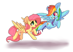 Size: 3200x2300 | Tagged: safe, artist:phyllismi, fluttershy, rainbow dash, pegasus, pony, g4, female, high res, lesbian, looking at each other, mare, open mouth, ship:flutterdash, shipping, simple background, smiling