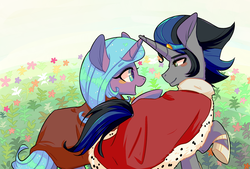 Size: 3300x2230 | Tagged: safe, artist:phyllismi, idw, king sombra, radiant hope, pony, unicorn, g4, cape, cloak, clothes, female, flower, good king sombra, high res, looking at each other, male, mare, ship:hopebra, shipping, smiling, stallion, straight, tail, tail hole
