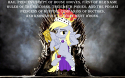 Size: 1920x1200 | Tagged: safe, derpy hooves, pegasus, pony, a royal problem, g4, belly button, cape, clothes, crown, epic derpy, female, game of thrones, i just don't know what went wrong, iron throne, jewelry, lidded eyes, looking at you, mare, princess derpy, queen, queen derpy, regalia, scepter, sitting, smiling, solo, spread wings, throne, twilight scepter, underp, wings