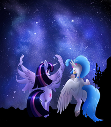 Size: 1400x1600 | Tagged: safe, artist:phoenixperegrine, princess skystar, twilight sparkle, alicorn, classical hippogriff, hippogriff, pony, semi-anthro, g4, my little pony: the movie, female, looking back, mare, night, starry night, stars, twilight sparkle (alicorn)