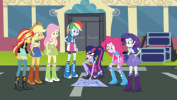 Size: 1280x720 | Tagged: safe, screencap, applejack, fluttershy, pinkie pie, rainbow dash, rarity, sci-twi, sunset shimmer, twilight sparkle, equestria girls, g4, get the show on the road, my little pony equestria girls: summertime shorts, blueprints, clothes, crouching, female, geode of empathy, geode of fauna, geode of shielding, geode of sugar bombs, geode of super speed, geode of super strength, geode of telekinesis, glasses, hand on knee, humane five, humane seven, humane six, magical geodes, parking lot, ponytail, squatting