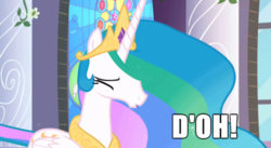 Size: 610x335 | Tagged: safe, edit, edited screencap, screencap, princess celestia, alicorn, pony, g4, caption, d'oh, eyes closed, female, mare, reaction image, solo