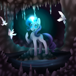 Size: 1800x1800 | Tagged: safe, artist:lamentedmusings, rarity, pony, unicorn, g4, cave, female, glowing horn, horn, mare, solo