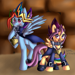 Size: 3960x3959 | Tagged: safe, artist:lamentedmusings, rainbow dash, scootaloo, pegasus, pony, g4, alternate hairstyle, clothes, cosplay, costume, duo, female, filly, high res, mare, scootalove, yu-gi-oh!