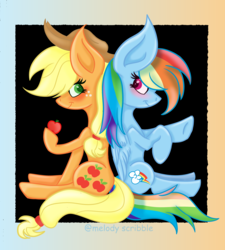 Size: 4500x5000 | Tagged: safe, artist:morries123, applejack, rainbow dash, pony, g4, absurd resolution, apple, female, food, lesbian, ship:appledash, shipping