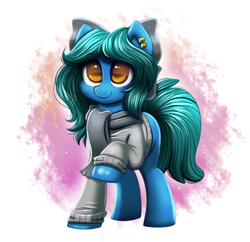 Size: 1030x998 | Tagged: safe, artist:confetticakez, oc, oc only, earth pony, pony, clothes, ear piercing, female, mare, piercing, raised hoof, scarf, solo, sweater