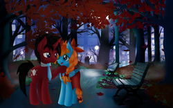 Size: 2560x1600 | Tagged: safe, artist:kruszynka25, oc, oc only, oc:sea feather, pony, autumn, city, clothes, female, happy, looking at each other, male, mare, night, park, romantic, scenery, shading, skirt, stallion, tree