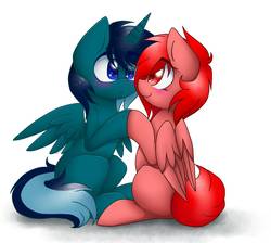 Size: 1598x1435 | Tagged: safe, artist:melpone, oc, oc only, oc:dashy, oc:penpal, alicorn, pegasus, pony, alicorn oc, blushing, boop, female, looking at each other, male, mare, oc x oc, shipping, sitting, stallion, straight