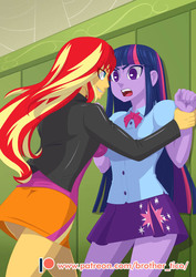 Size: 707x1000 | Tagged: safe, artist:brother-tico, sunset shimmer, twilight sparkle, equestria girls, g4, my little pony equestria girls, bowtie, canterlot high, clothes, duo, evil smile, female, grin, jacket, leather jacket, lesbian, lockers, long hair, looking at each other, open mouth, patreon, patreon logo, pinned, pleated skirt, scene interpretation, ship:sunsetsparkle, shipping, skirt, skirt lift, smiling