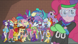 Size: 1920x1080 | Tagged: safe, screencap, fluttershy, lemon zest, pinkie pie, rainbow dash, rarity, sci-twi, sour sweet, sugarcoat, sunny flare, sunset shimmer, twilight sparkle, dance magic, equestria girls, g4, spoiler:eqg specials, armpits, clothes, converse, female, lidded eyes, looking at you, ponied up, rapper, rapper dash, rapper pie, sci-twilicorn, shoes, shutter shades, sunglasses, tutu