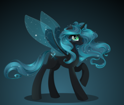 Size: 4817x4079 | Tagged: safe, artist:xsatanielx, queen chrysalis, alicorn, changedling, changeling, hybrid, pony, rcf community, g4, absurd resolution, alternate universe, dark, female, gradient background, green background, holeless, insect wings, looking at you, mare, raised hoof, smiling, solo, spread wings, wings