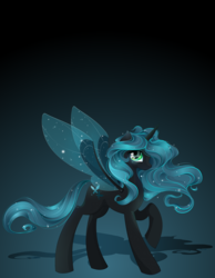 Size: 4465x5745 | Tagged: safe, artist:xsatanielx, queen chrysalis, alicorn, changedling, changeling, changeling queen, hybrid, pony, rcf community, g4, absurd resolution, alternate universe, dark, female, gradient background, green background, insect wings, looking at you, mare, raised hoof, smiling, solo, spread wings, wings