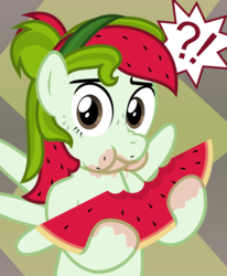 Size: 4000x4864 | Tagged: safe, artist:sollace, oc, oc only, oc:watermelana, pony, cute, eating, food, freckles, herbivore, looking at you, scrunchy face, show accurate, solo, watermelon