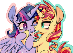 Size: 900x650 | Tagged: safe, artist:phyllismi, sunset shimmer, twilight sparkle, alicorn, pony, unicorn, g4, blushing, boop, cute, female, lesbian, looking at each other, mare, noseboop, one eye closed, shimmerbetes, ship:sunsetsparkle, shipping, twiabetes, twilight sparkle (alicorn)