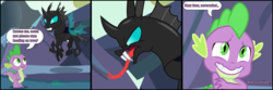 Size: 10500x3500 | Tagged: safe, artist:frownfactory, spike, changeling, dragon, g4, angry, blue eyes, comic, green eyes, hissing, long tongue, male, tongue out, vector, worried