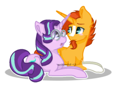 Size: 692x494 | Tagged: safe, artist:written145, starlight glimmer, sunburst, pony, unicorn, g4, :o, accessory swap, blushing, cute, eye contact, facial hair, female, glasses, goatee, looking at each other, male, mare, open mouth, prone, ship:starburst, shipping, simple background, smiling, stallion, straight, transparent background