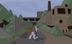 Size: 2400x1480 | Tagged: safe, artist:coreboot, oc, oc only, oc:littlepip, pony, unicorn, fallout equestria, :t, clothes, dock, featureless crotch, female, fluffy, jumpsuit, mare, nose wrinkle, post-apocalyptic, saddle bag, solo, train, underhoof, vault suit