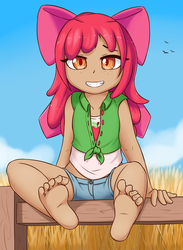 Size: 2200x3000 | Tagged: safe, artist:fearingfun, apple bloom, human, g4, barefoot, clothes, feet, female, fence, fetish, foot fetish, foot focus, high res, humanized, looking at you, moderate dark skin, shorts, sitting, sitting on fence, smiling, solo, young